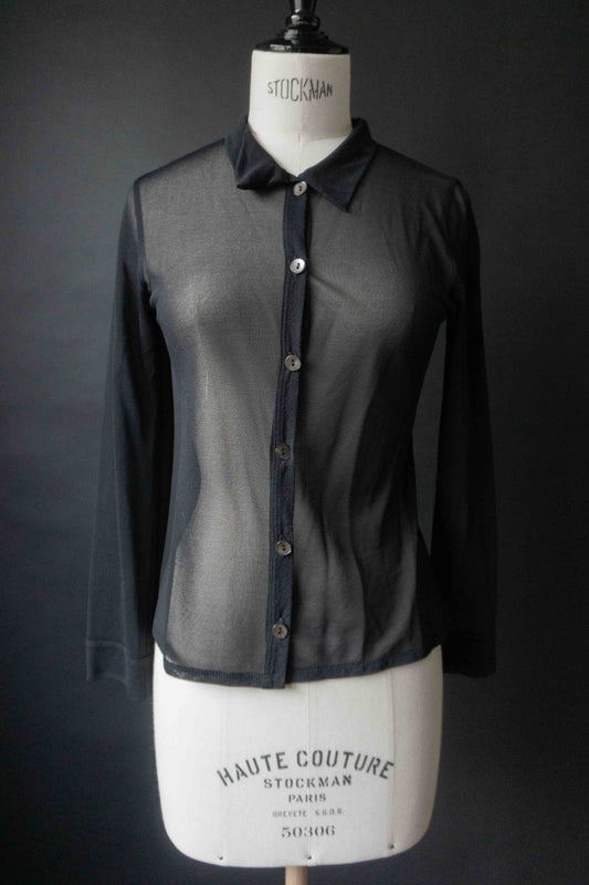 Vintage Mesh Bluse schwarz transparent – 90s Layering Bluse mit Knopfleiste, XS–S theplaincircle vintage