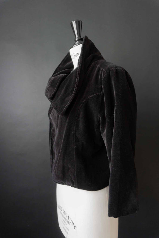 Vintage Samtjacke in Schwarz Baumwolle, drapierter Kragen