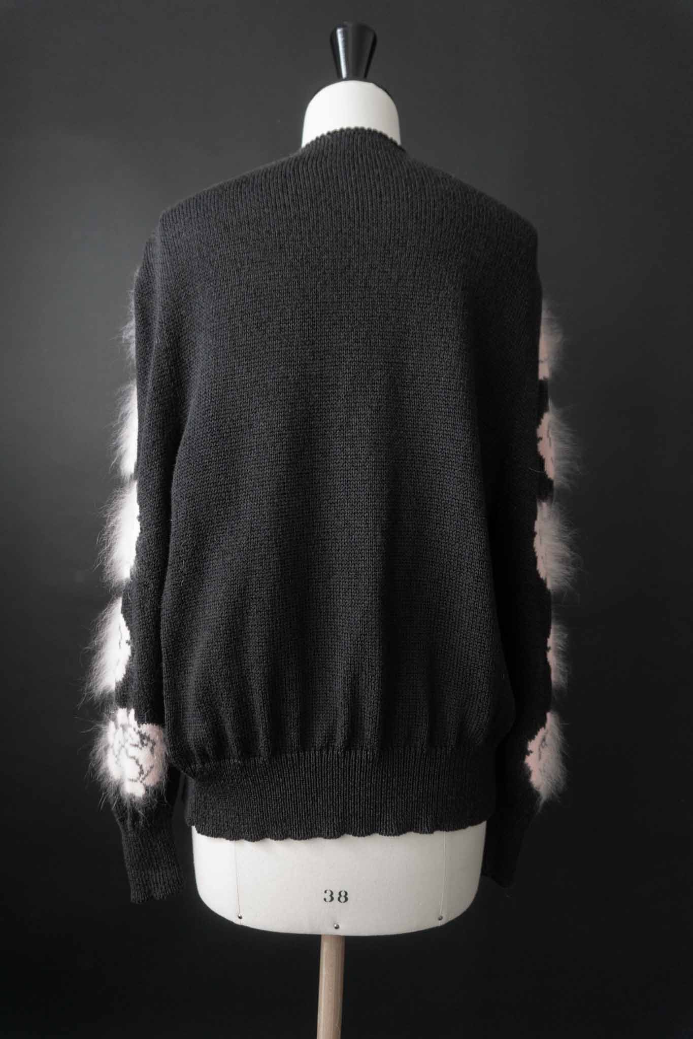 70s angora cardigan floral knit black pink