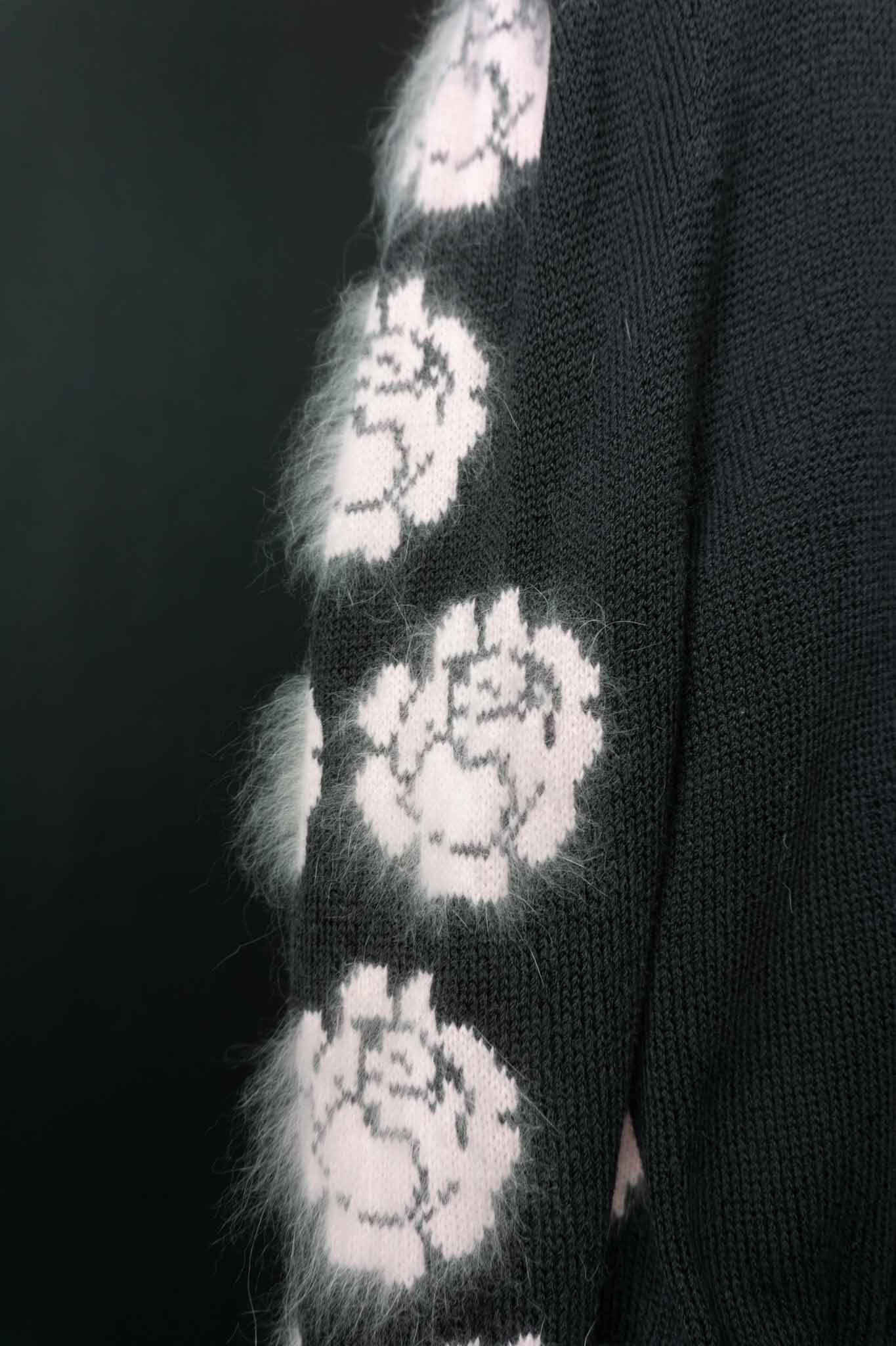 70s angora cardigan floral knit black pink