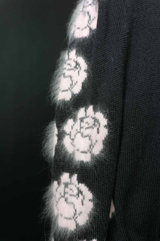 70s angora cardigan floral knit black pink