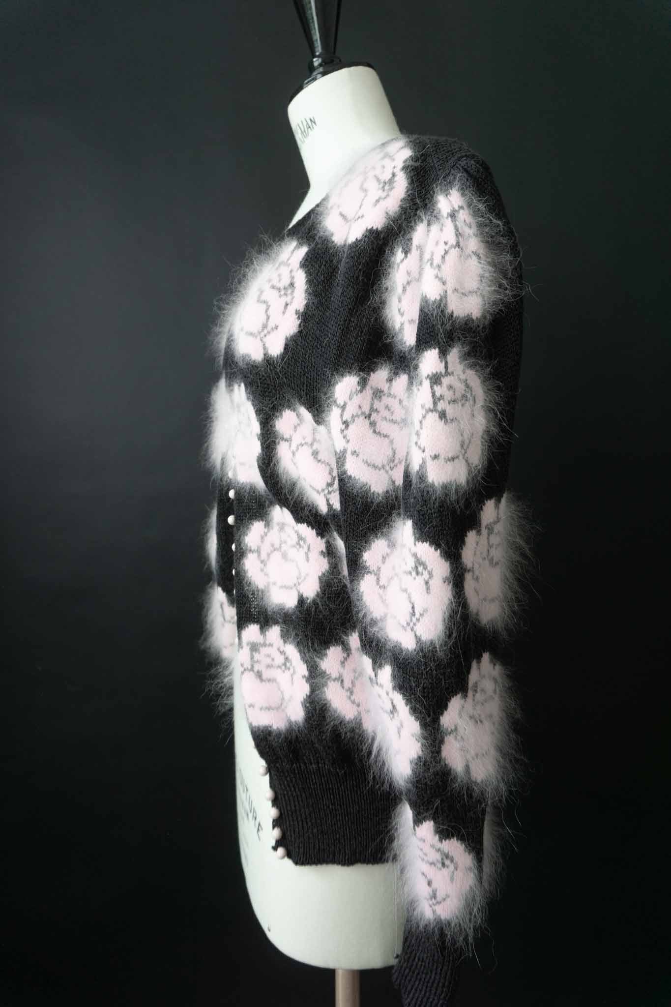 70s angora cardigan floral knit black pink