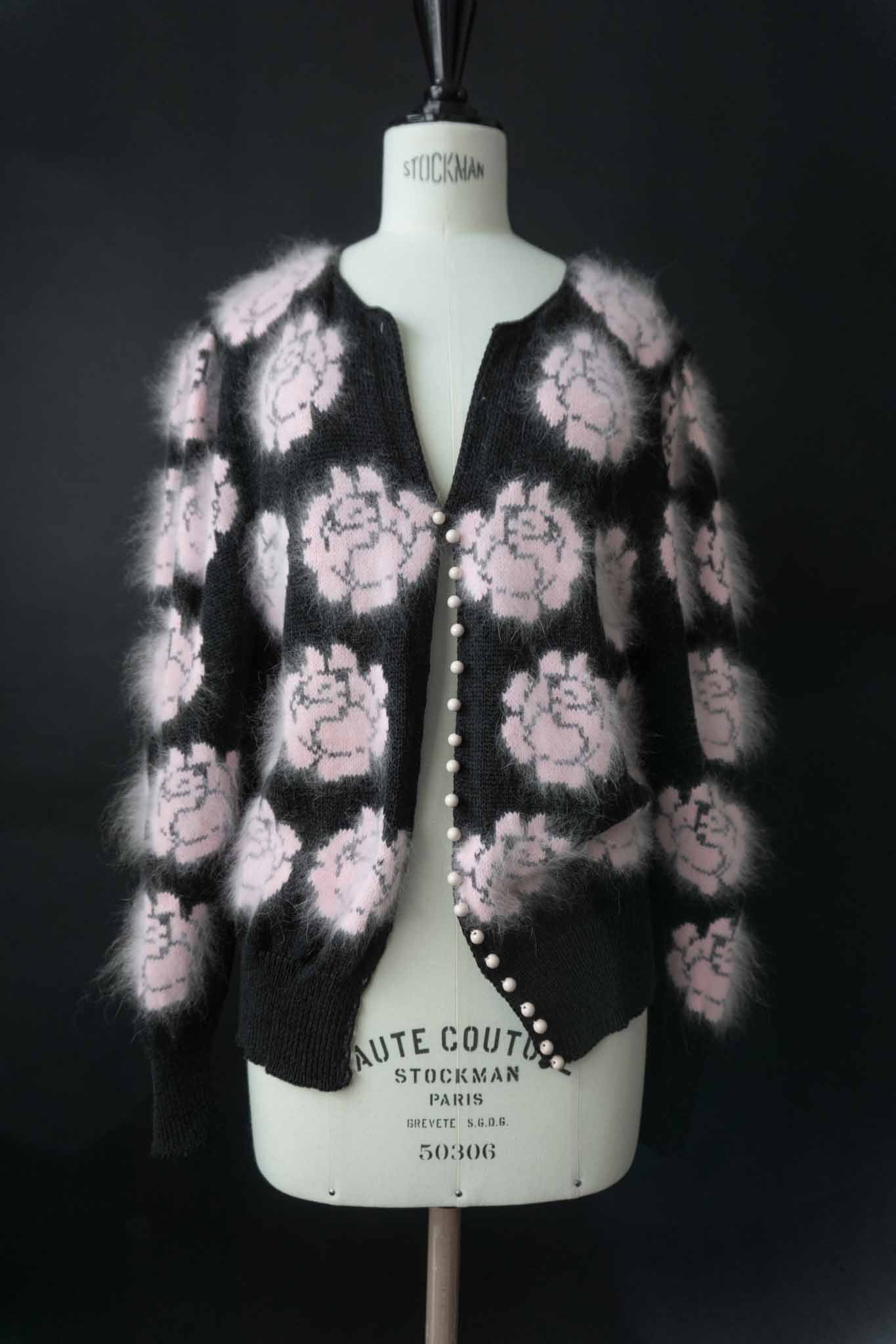 70s angora cardigan floral knit black pink