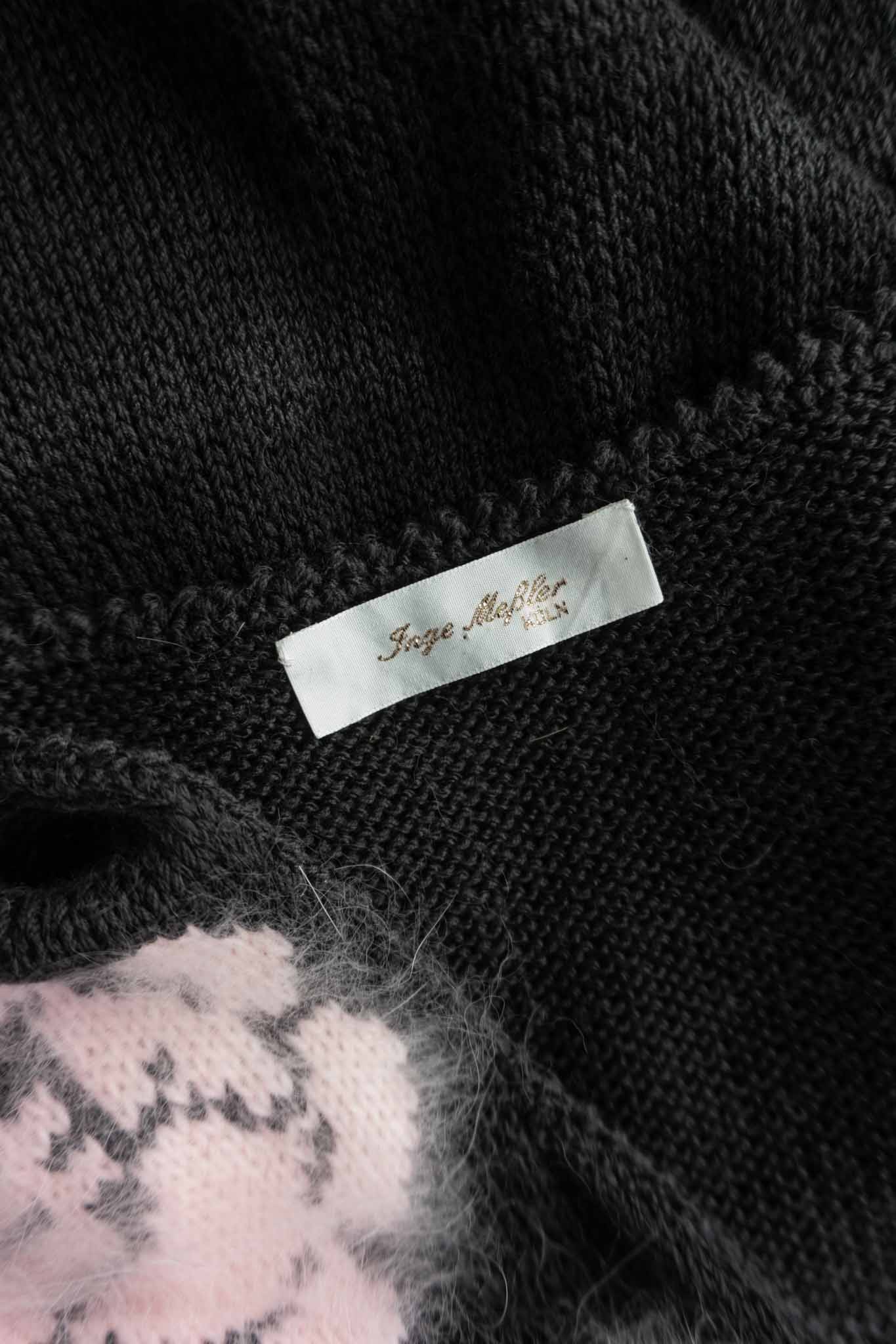 70s angora cardigan floral knit black pink