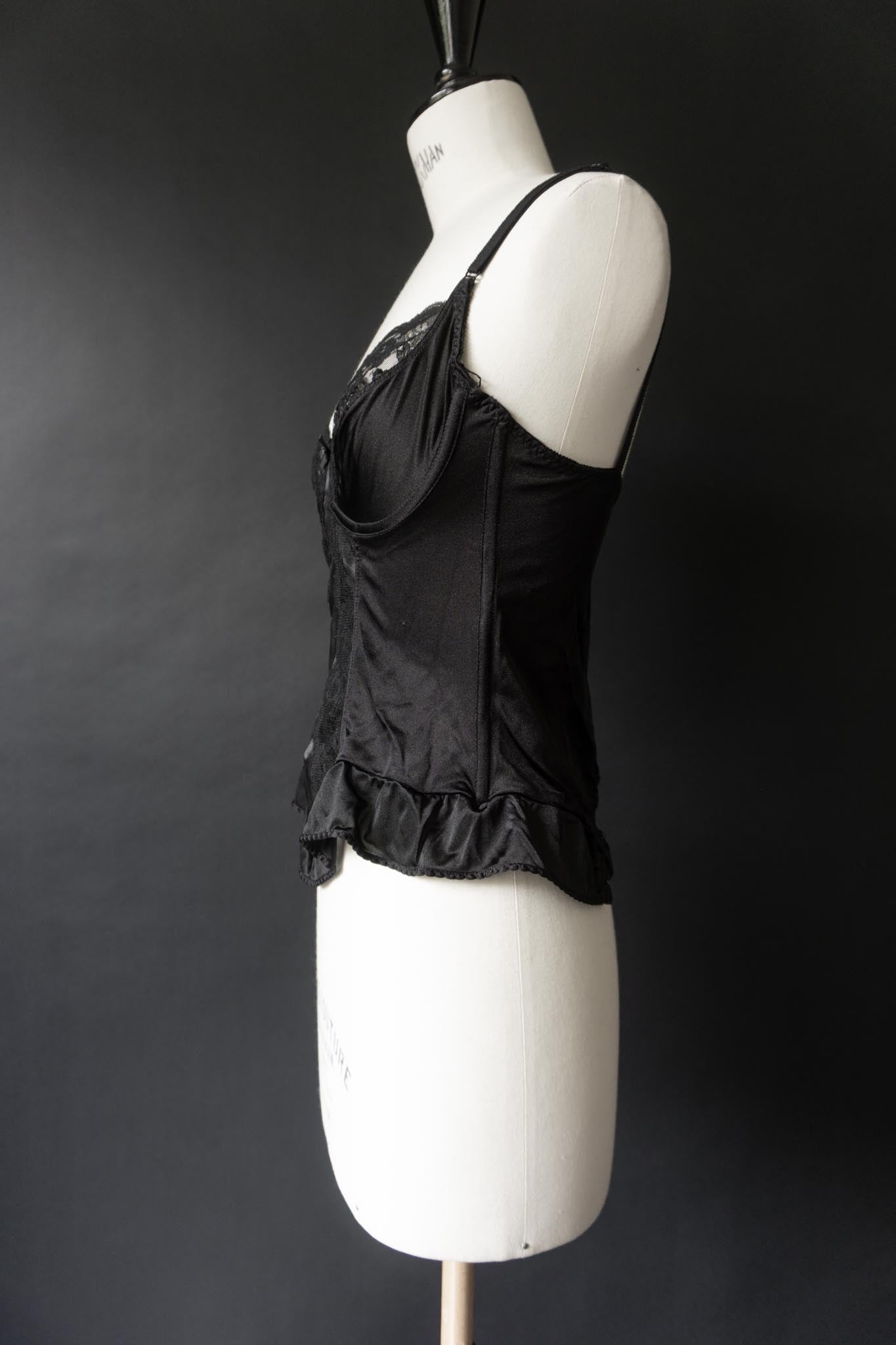 Vintage 80s Spitzen Corsagen Top mit Schößchen – Black Satin Bustier, S–M theplaincircle vintage
