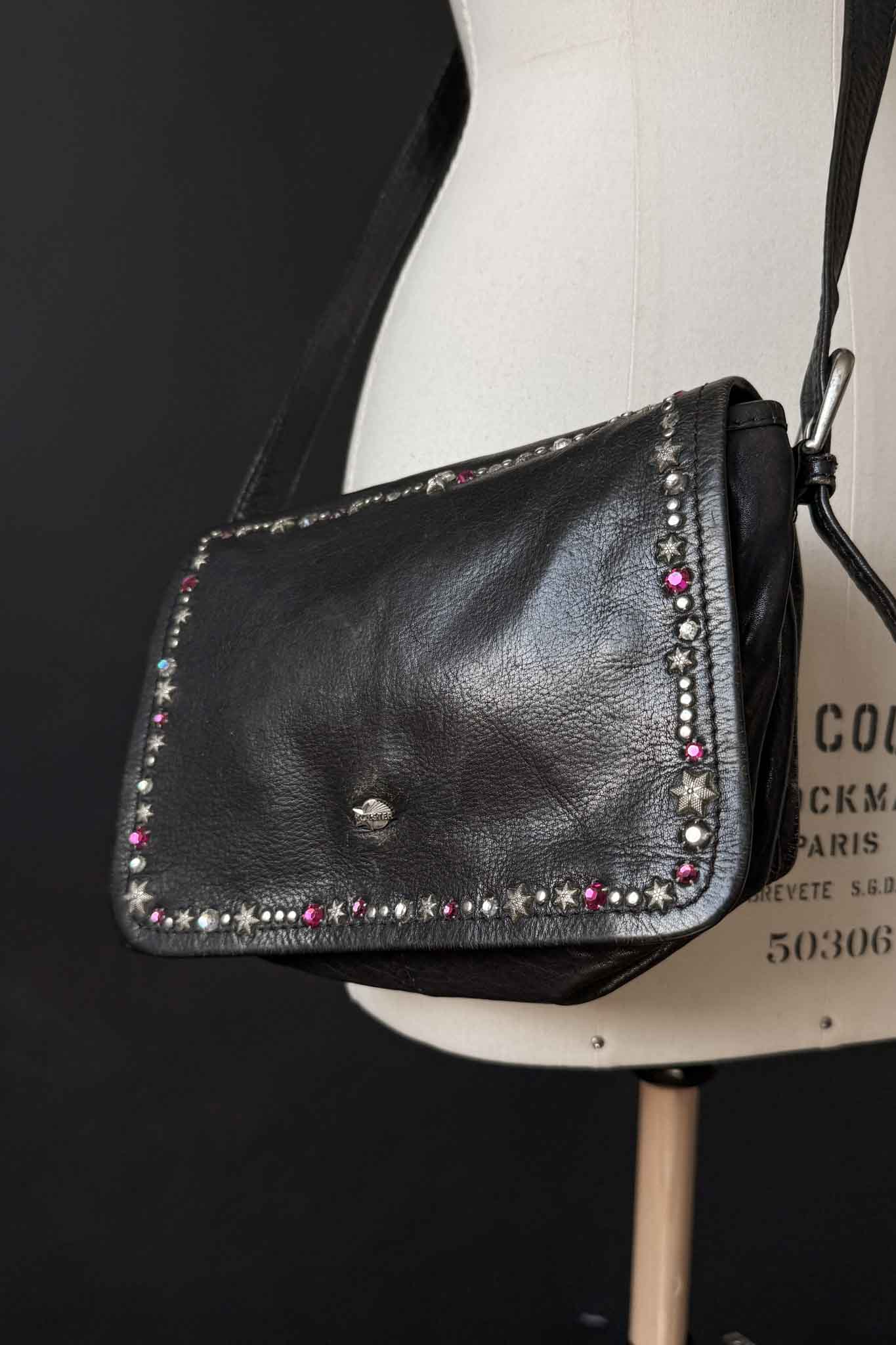 Vintage 80s Kolster Ledertasche mit Strass und Nieten