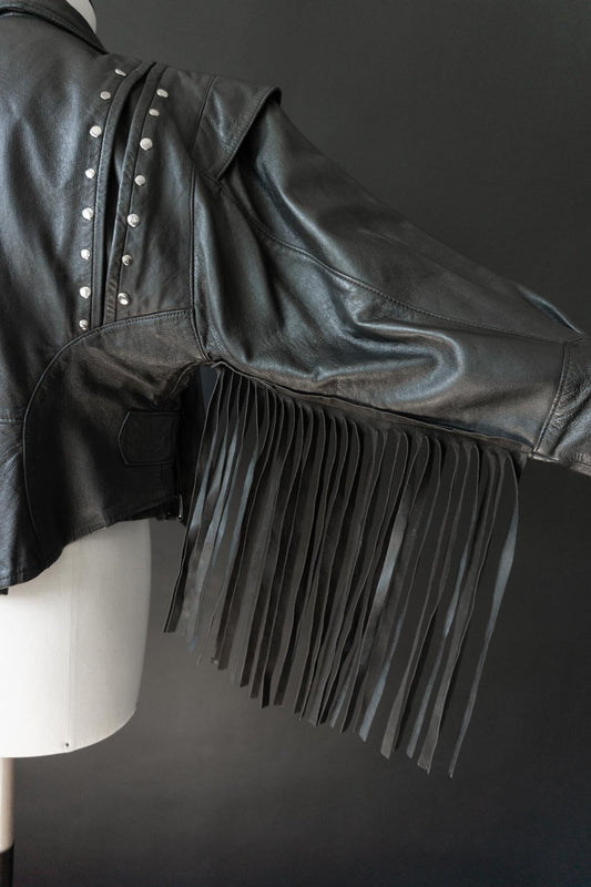 Vintage 80s Statement Glamrock Lederjacke mit Fransen & Nieten, XS–M theplaincircle vintage