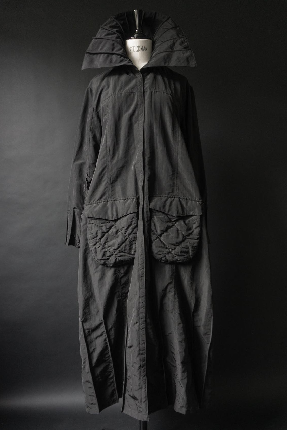 Vintage 90s Avant-Garde Maxi Coat in Technical Fabric — Gothic Sculptural Collar, S–M theplaincircle vintage