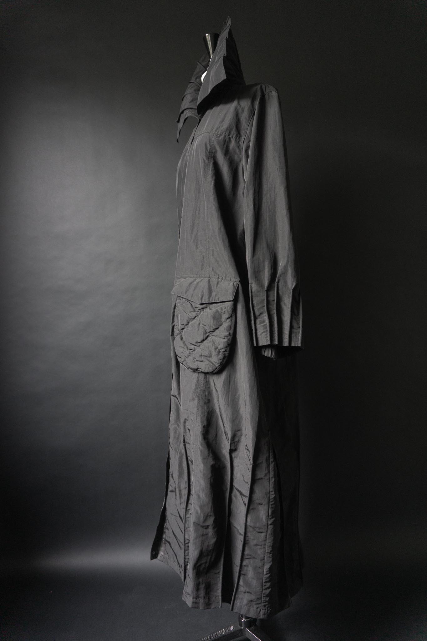 Vintage 90s Avant-Garde Maxi Coat in Technical Fabric — Gothic Sculptural Collar, S–M theplaincircle vintage