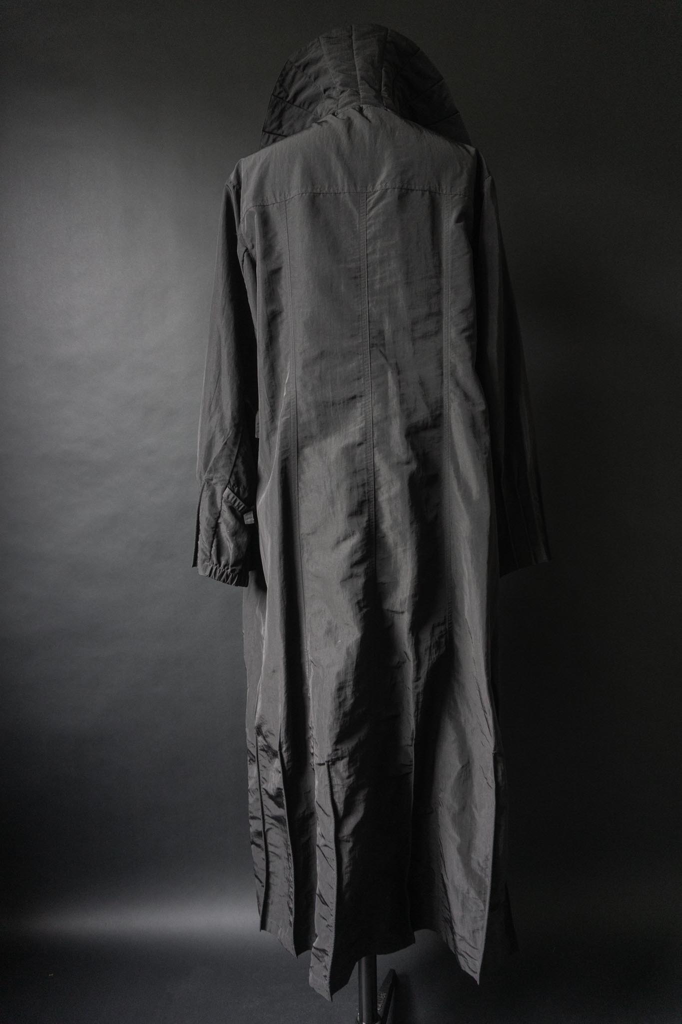 Vintage 90s Avant-Garde Maxi Coat in Technical Fabric — Gothic Sculptural Collar, S–M theplaincircle vintage