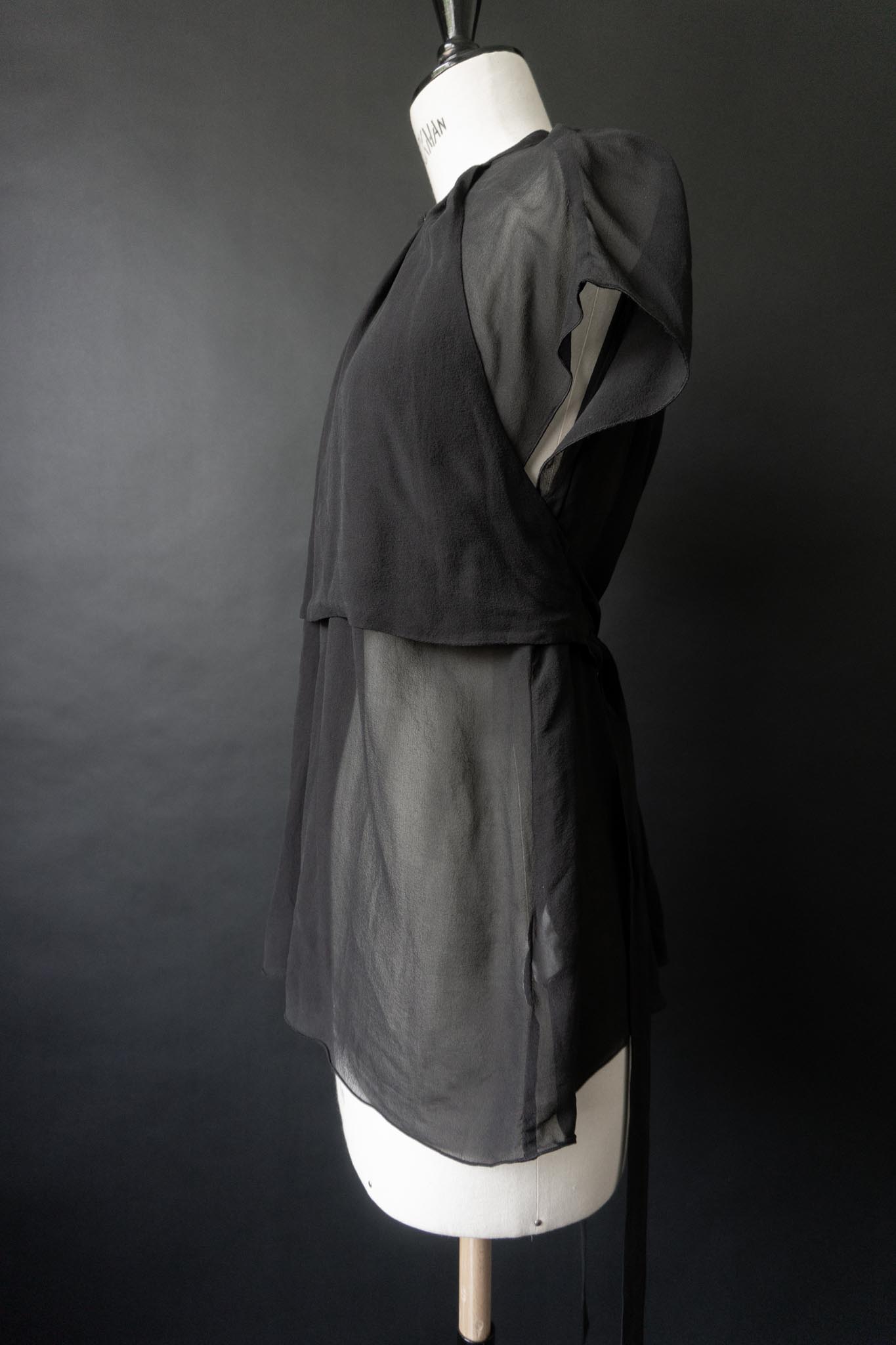 Vintage Karl Lagerfeld Seidenbluse in Schwarz mit transparentem Layer, S–M