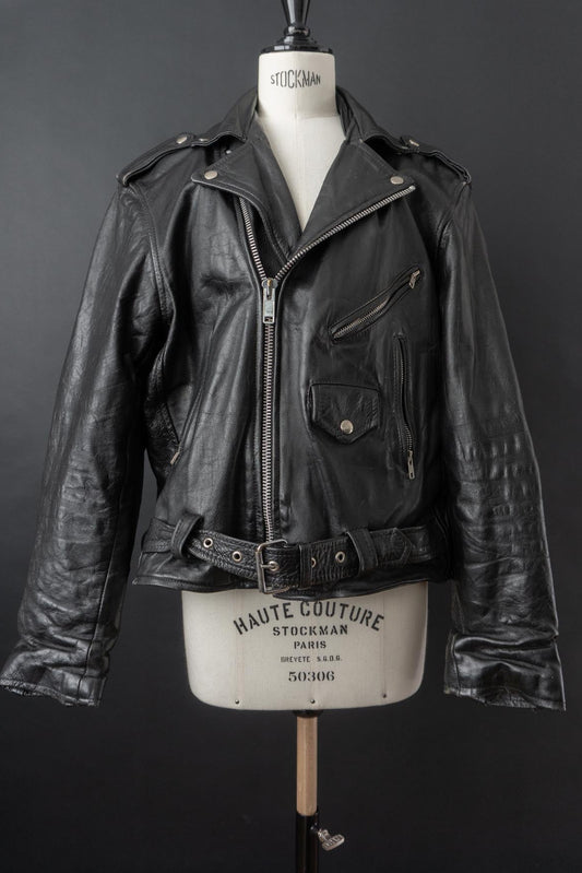80s Vintage Biker Lederjacke, Moto, S–M