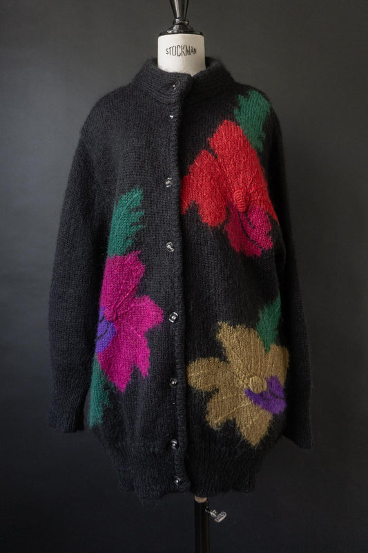 Vintage 80s Mohair Strickjack, Blumenmuster, Oversized