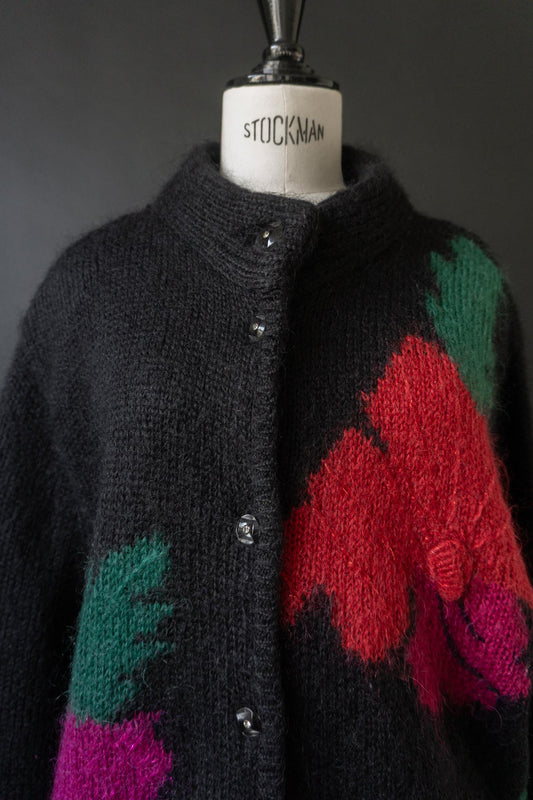 Vintage 80s Mohair Strickjack, Blumenmuster, Oversized
