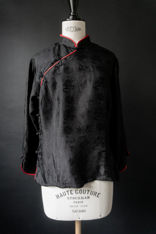 Vintage Bluse Mandarin, Schwarz, Seide, S