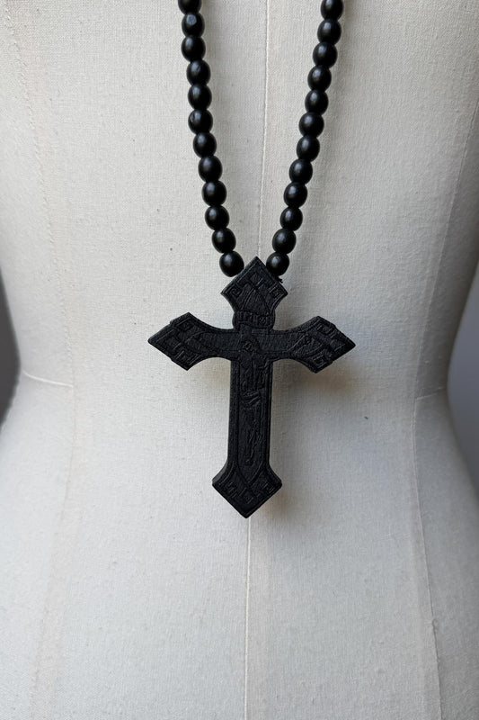 Antike Holzkreuz Kette – Schwarzer Gothic Rosenkranz theplaincircle vintage