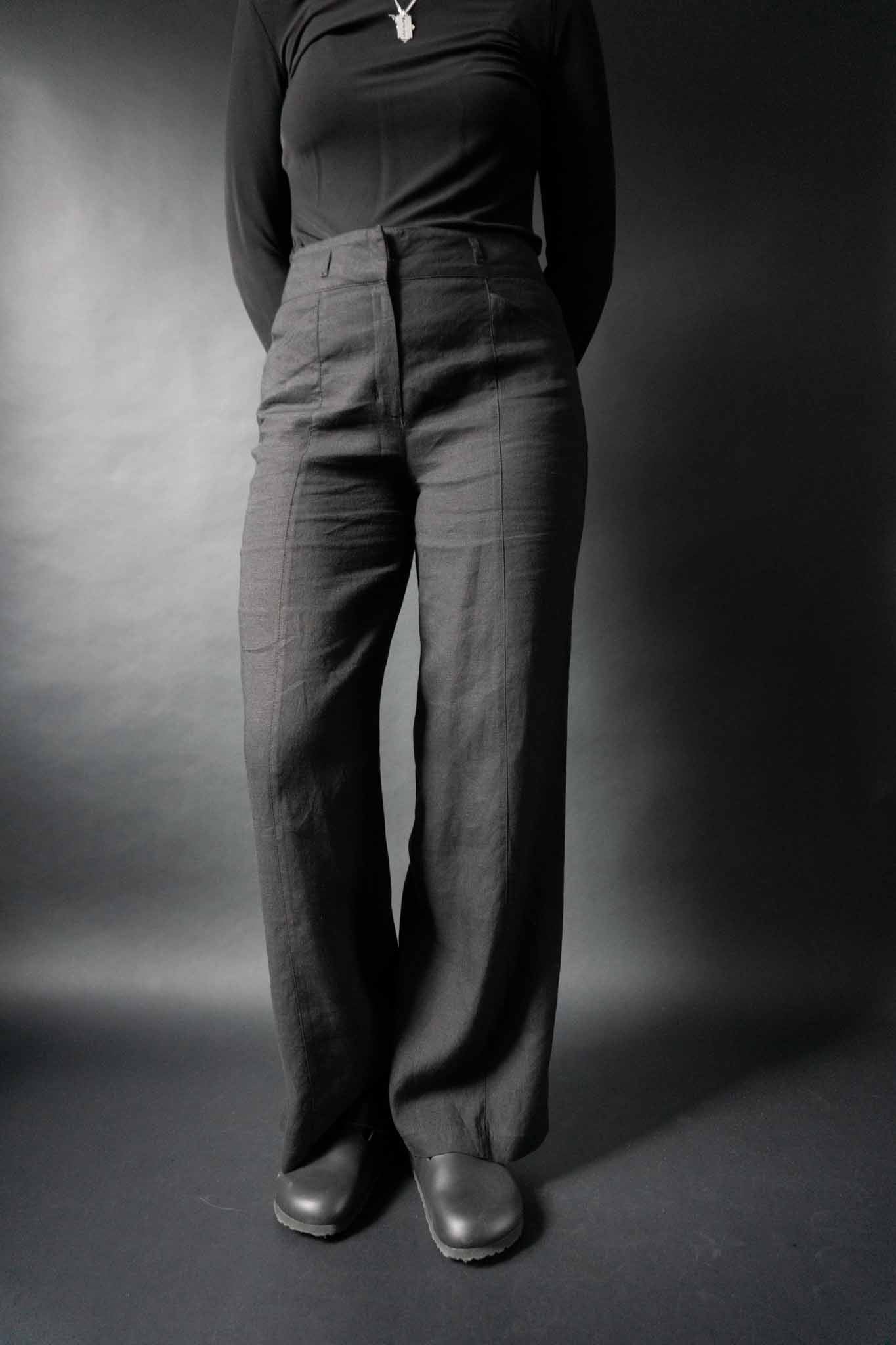 Schwarze Vintage Highwaist Leinenhose mit weitem Bein