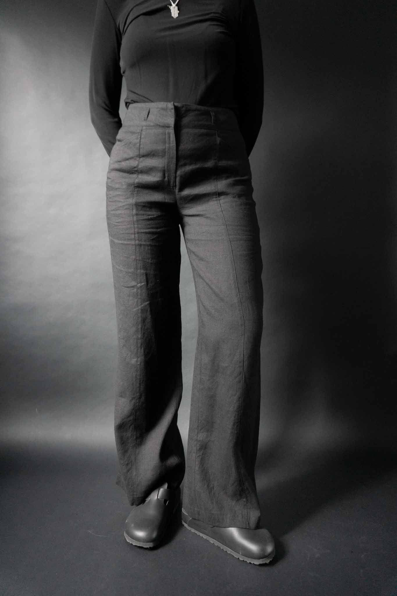 Schwarze Vintage Highwaist Leinenhose mit weitem Bein