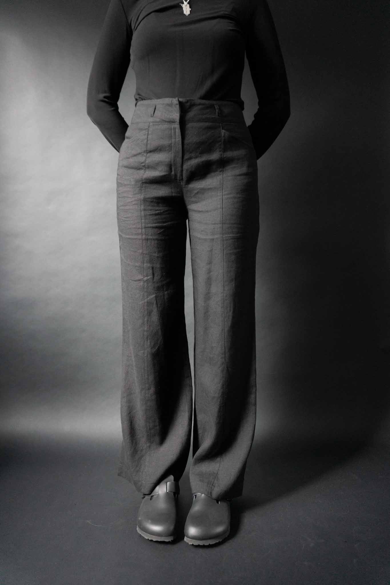 Schwarze Vintage Highwaist Leinenhose mit weitem Bein