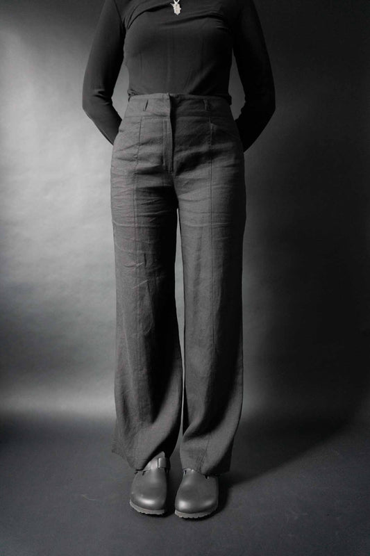 Schwarze Vintage Highwaist Leinenhose mit weitem Bein