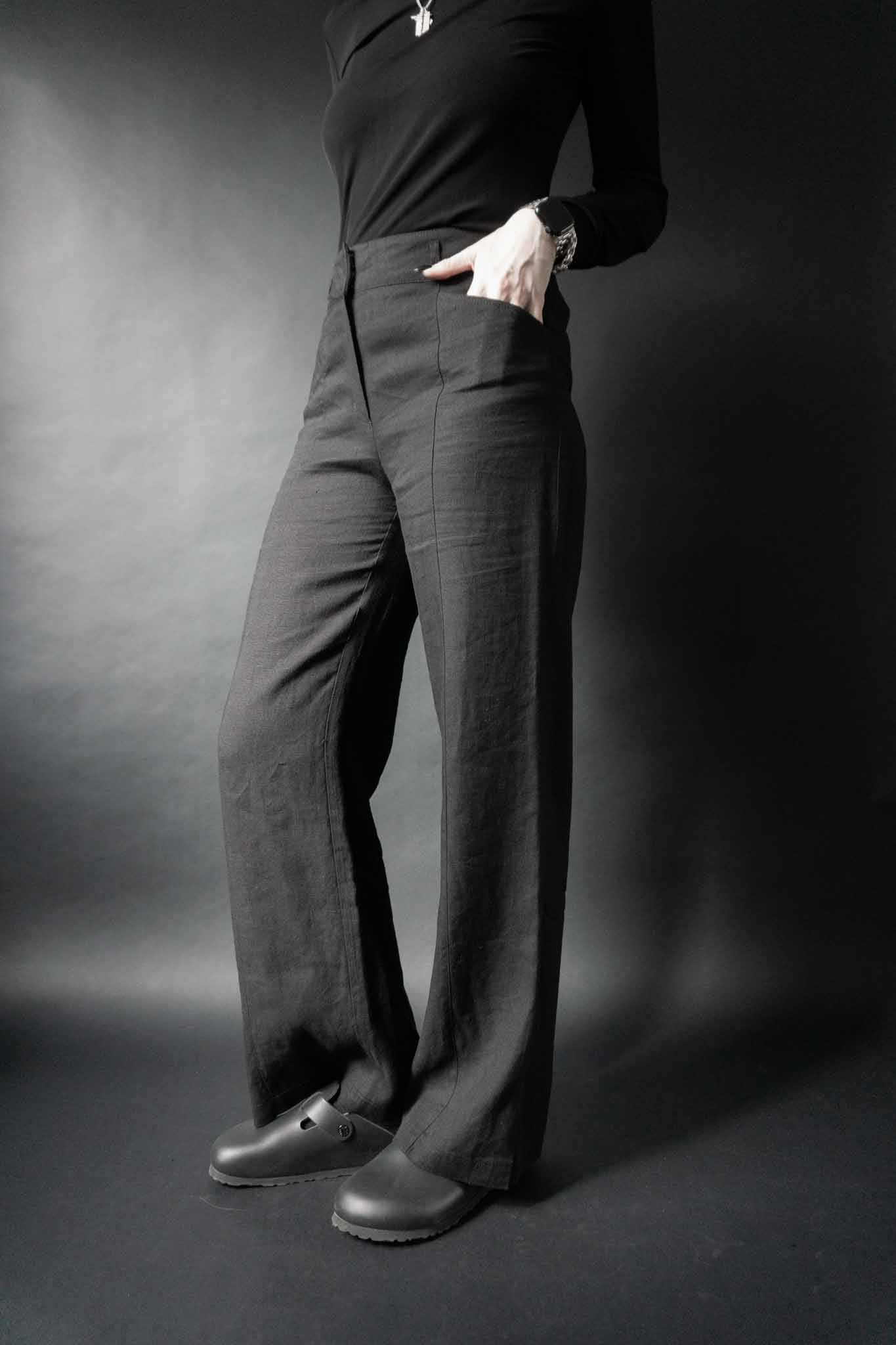 Schwarze Vintage Highwaist Leinenhose mit weitem Bein