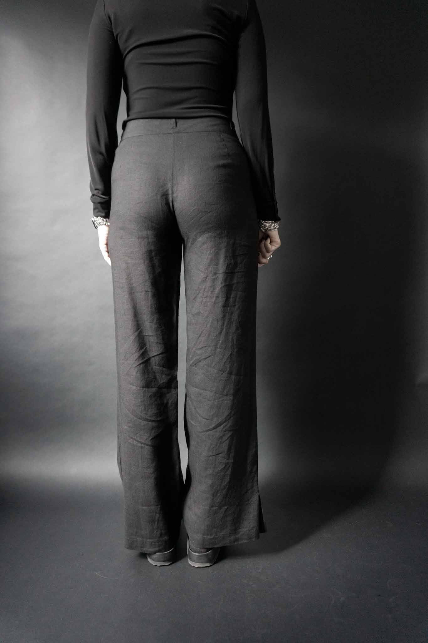 Schwarze Vintage Highwaist Leinenhose mit weitem Bein