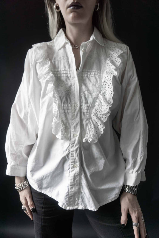 Weiße 80s Vintage Bluse mit Rüschen