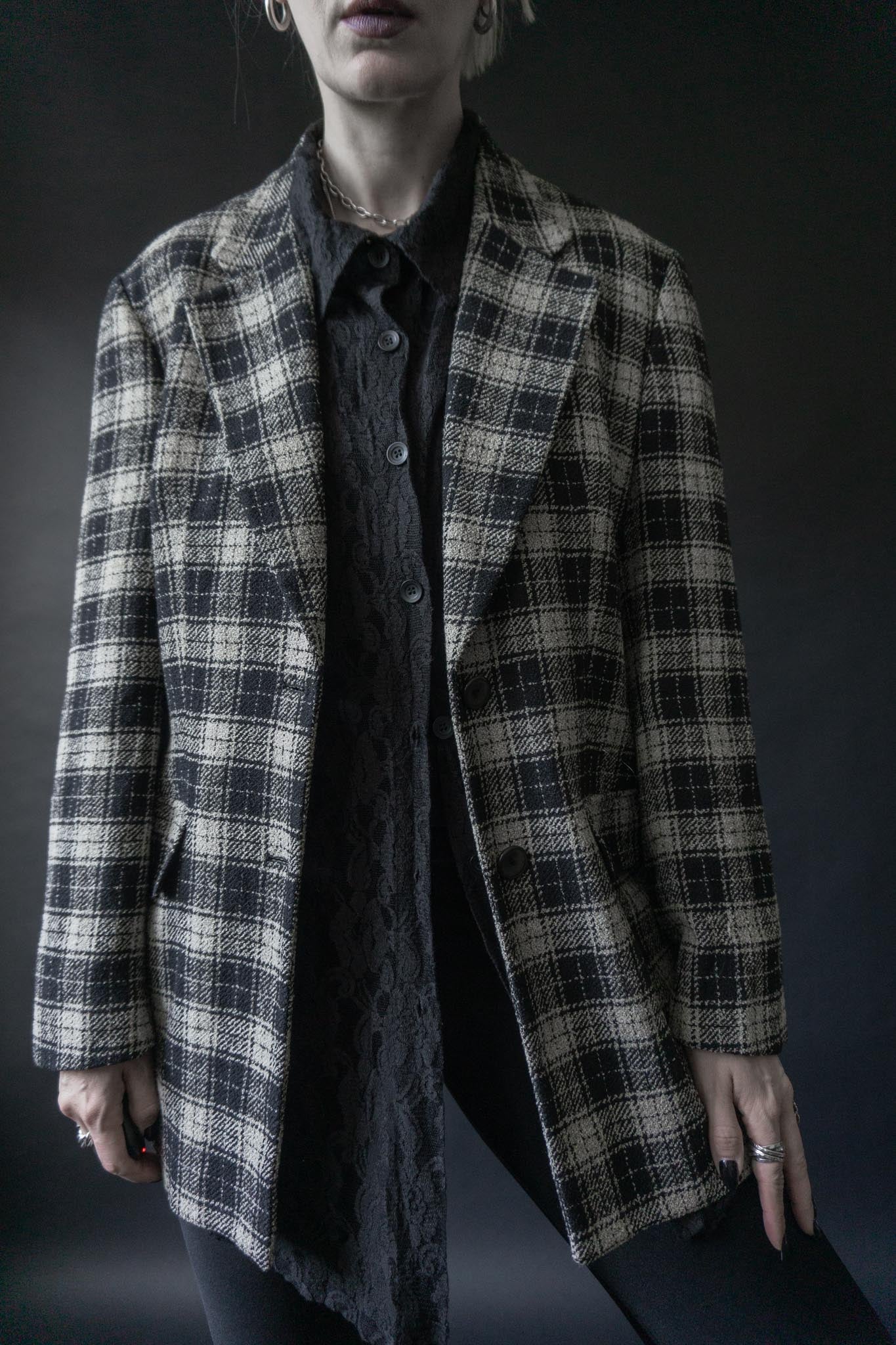 Vintage Les Copains Blazer 80s kariert Schwarz Weiß Wolle Made in Italy