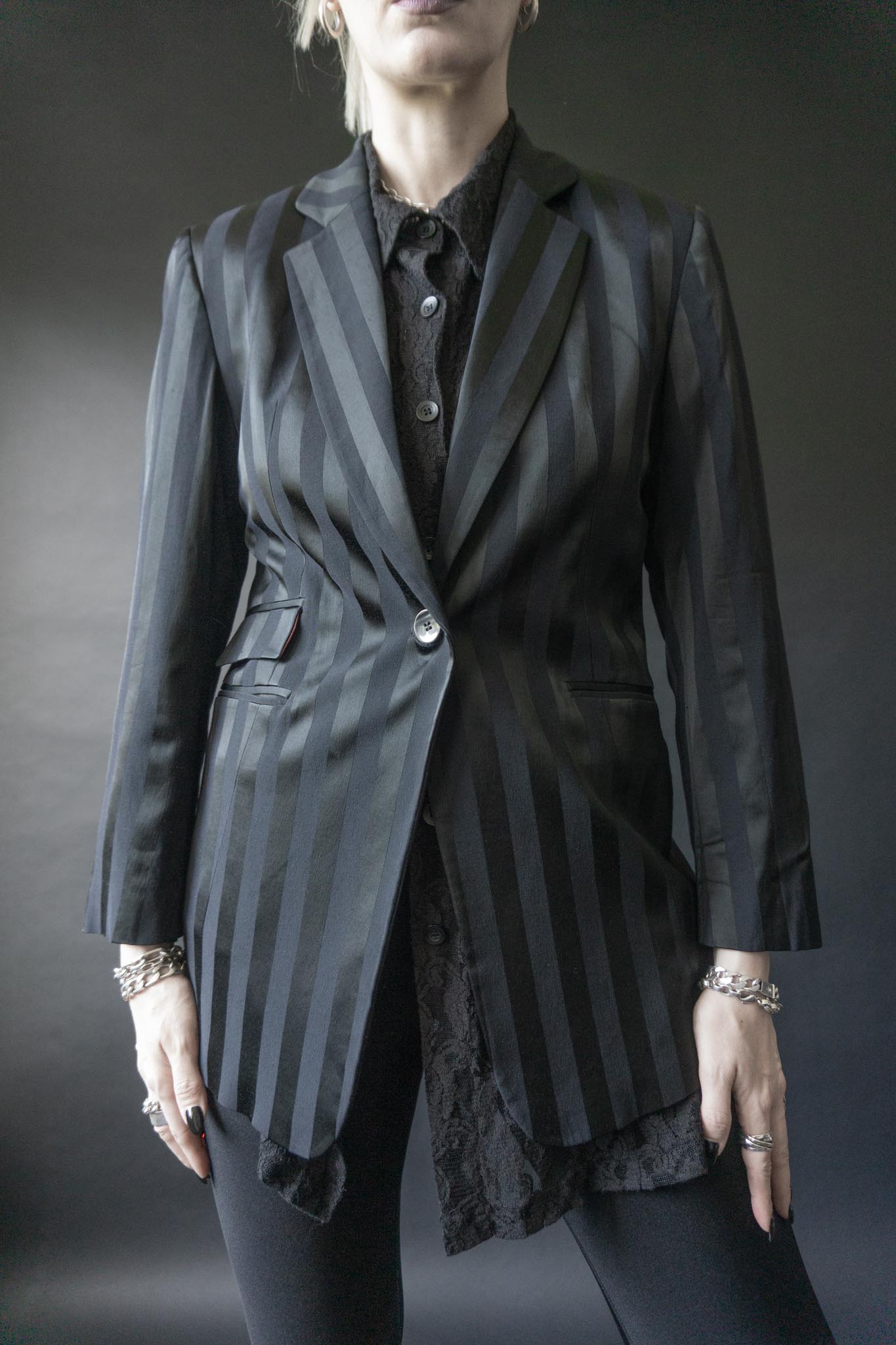Schwarzer Vintage Rosner Blazer mit shiny Ton-in-Ton Pinstripe-Muster