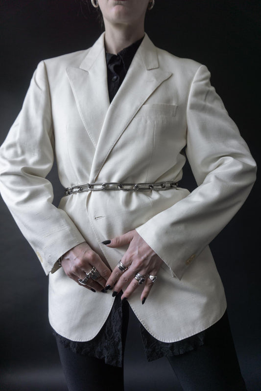 Weißer Vintage Blazer aus 100 % Wildseide mit Reverskragen, 80s Mode