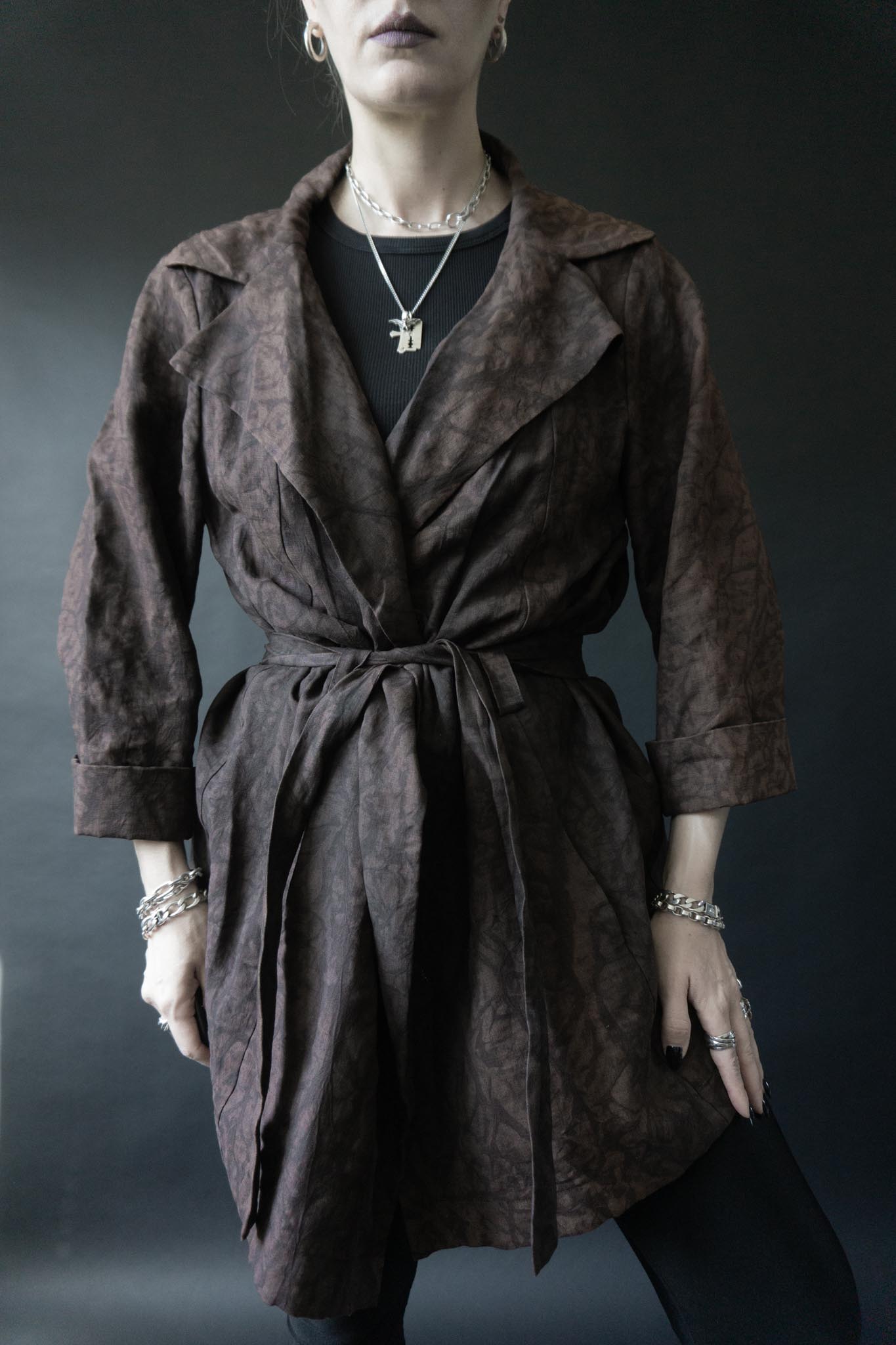 Annette Goertz Vintage Jacke aus Leinen, braun-schwarz mit Marmormuster & Gürtel