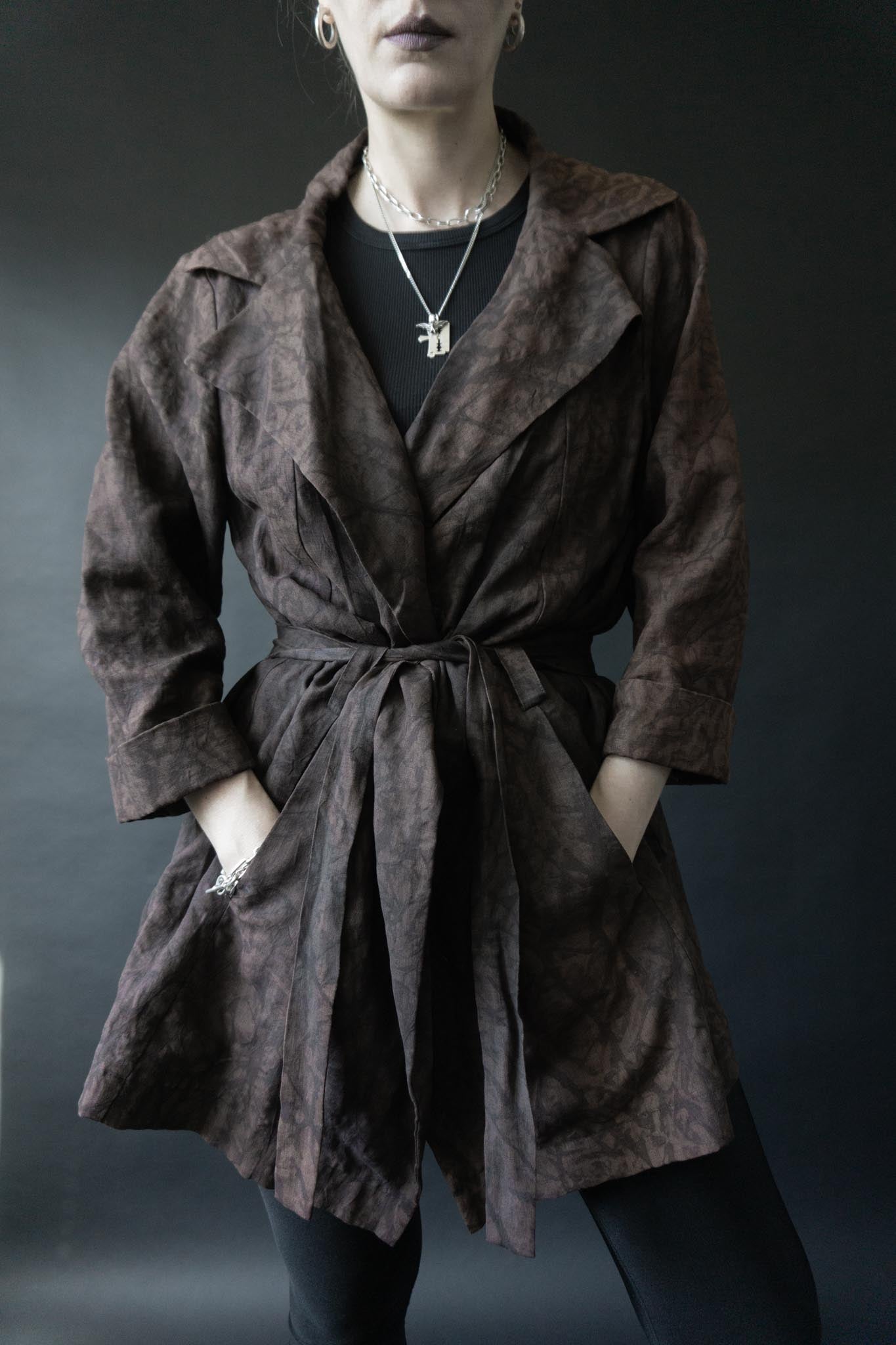 Annette Goertz Vintage Jacke aus Leinen, braun-schwarz mit Marmormuster & Gürtel