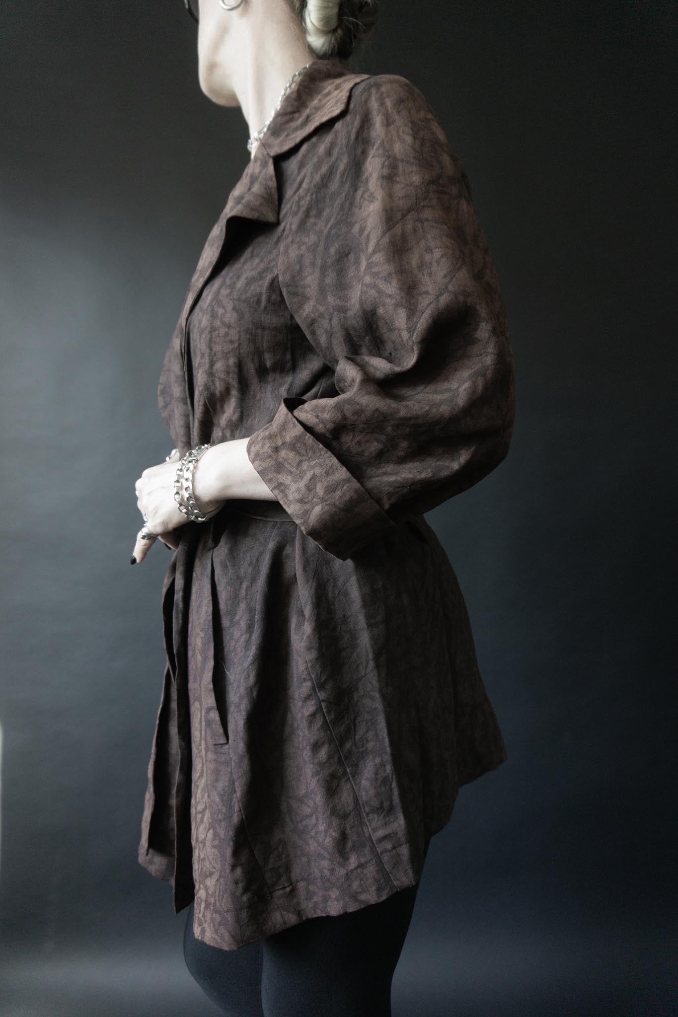 Annette Goertz Vintage Jacke aus Leinen, braun-schwarz mit Marmormuster & Gürtel