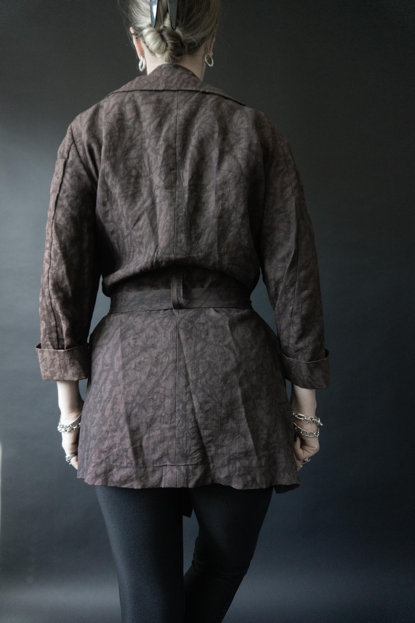 Annette Goertz Vintage Jacke aus Leinen, braun-schwarz mit Marmormuster & Gürtel