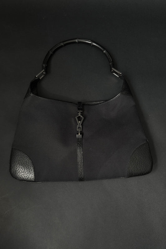 Gucci Jackie Bag in Schwarz mit Bambusgriff & silberfarbener Hardware – Vintage Designer Tasche