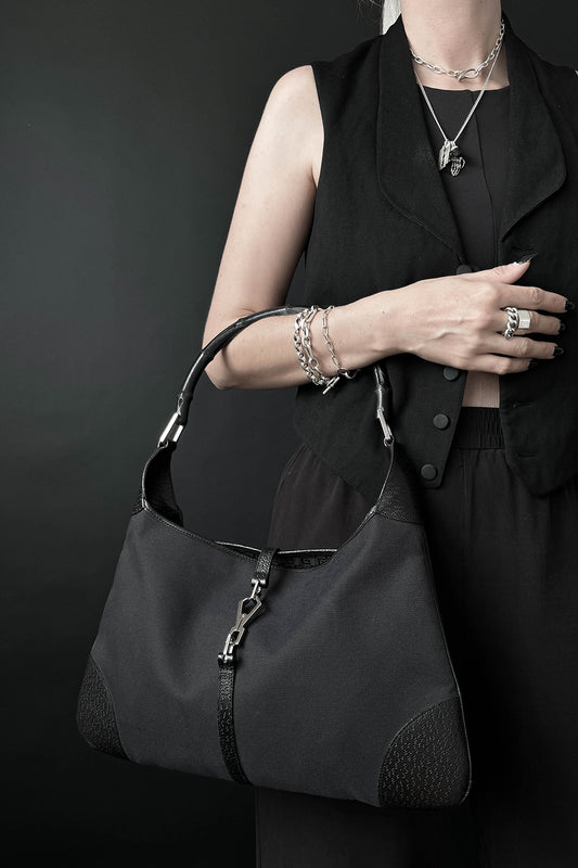 Gucci Jackie Bag in Schwarz mit Bambusgriff & silberfarbener Hardware – Vintage Designer Tasche