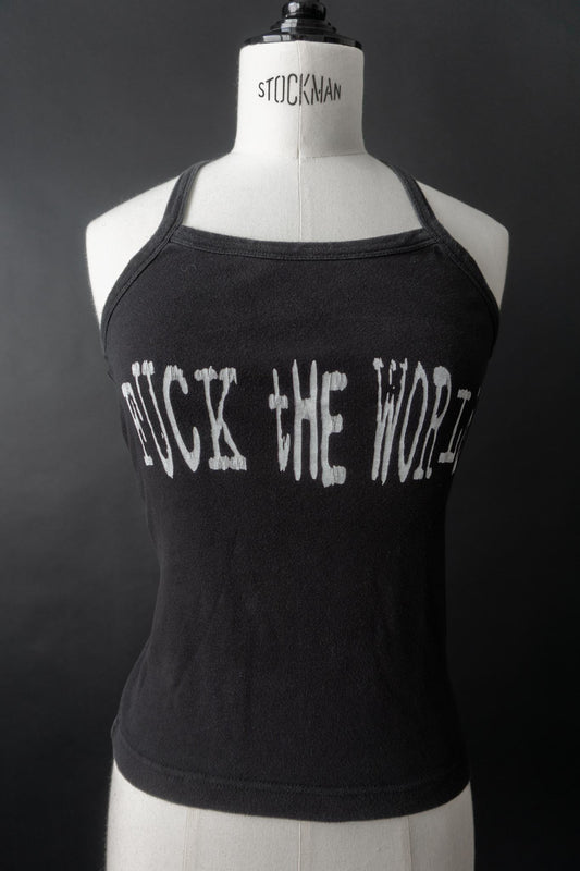 Schwarzes Vintage Tanktop mit „Fuck the World“ Print und Sternen-Detail am Nacken