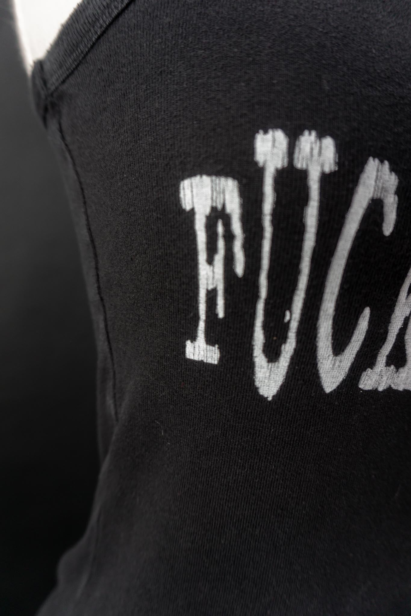 Schwarzes Vintage Tanktop mit „Fuck the World“ Print und Sternen-Detail am Nacken
