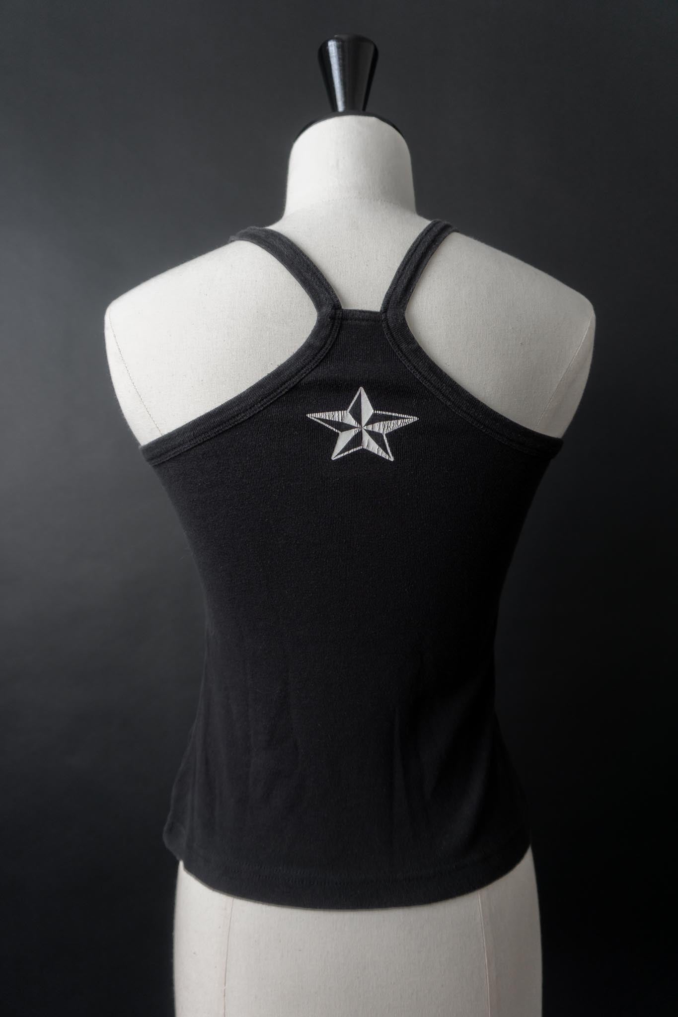 Schwarzes Vintage Tanktop mit „Fuck the World“ Print und Sternen-Detail am Nacken