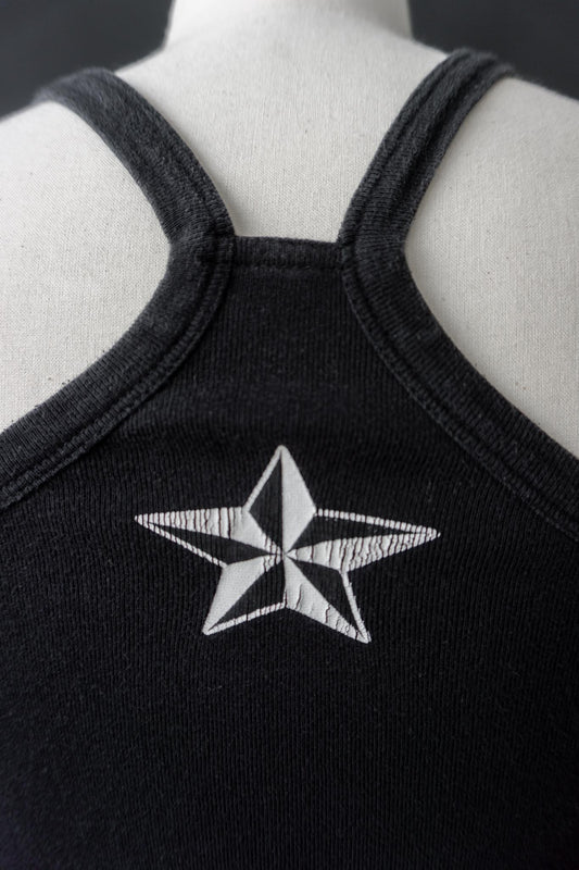 Schwarzes Vintage Tanktop mit „Fuck the World“ Print und Sternen-Detail am Nacken