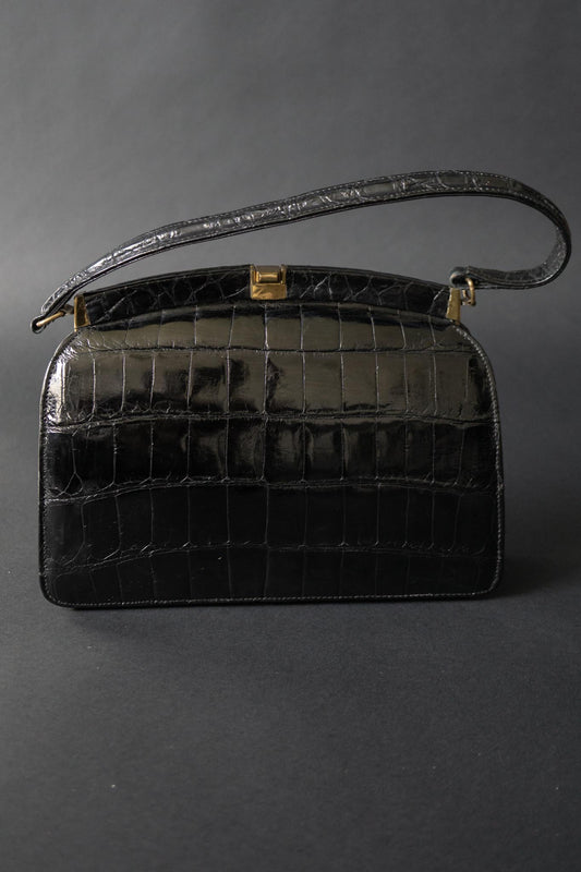 Schwarze Vintage Shoulderbag in Kroko-Struktur mit kurzem Riemen