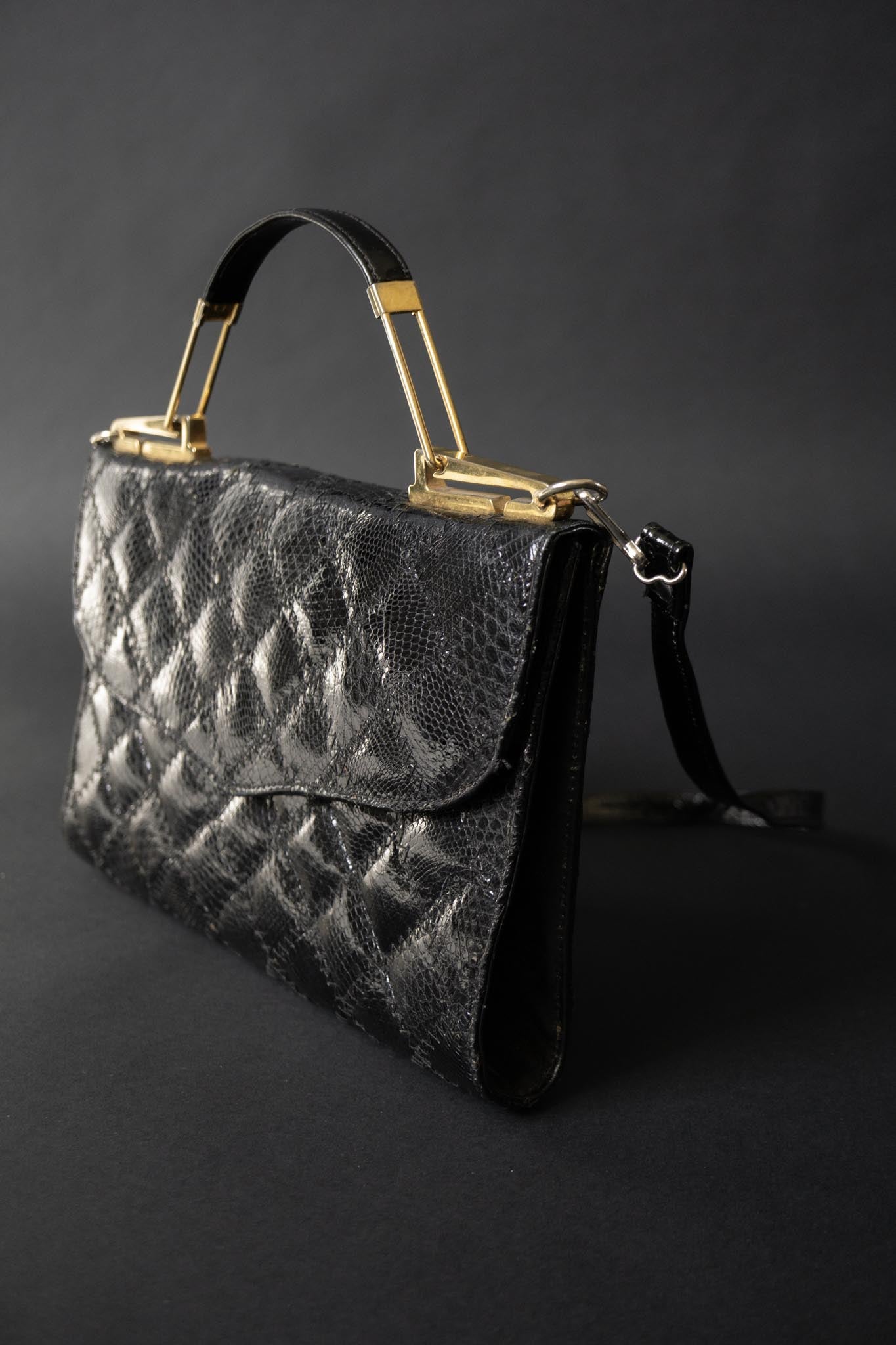 Vintage Schultertasche, Schwarz Kroko, 70s theplaincircle vintage