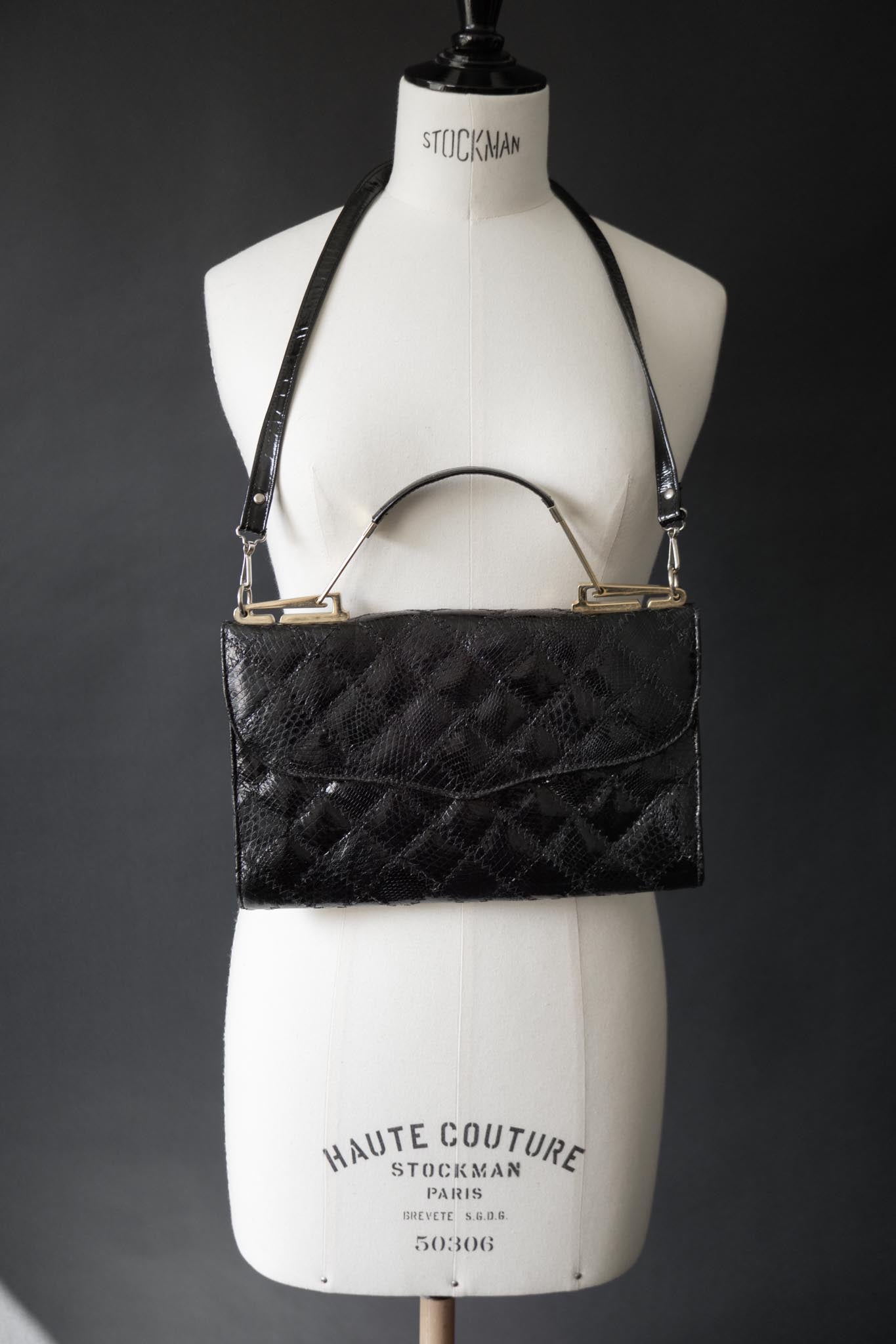 Vintage Schultertasche, Schwarz Kroko, 70s theplaincircle vintage