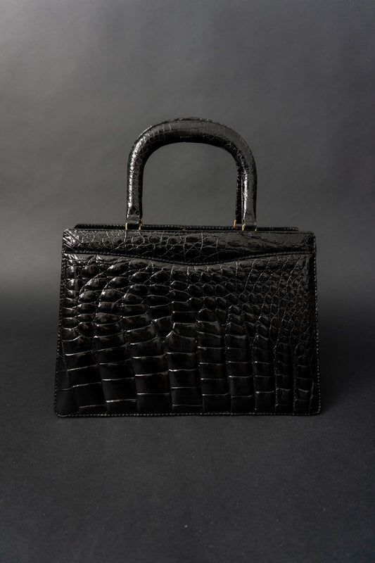 Schwarze Vintage Handtasche in Kroko-Optik mit Henkelgriff