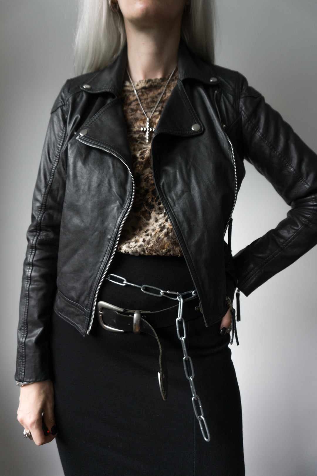 Leather jacket biker black XS