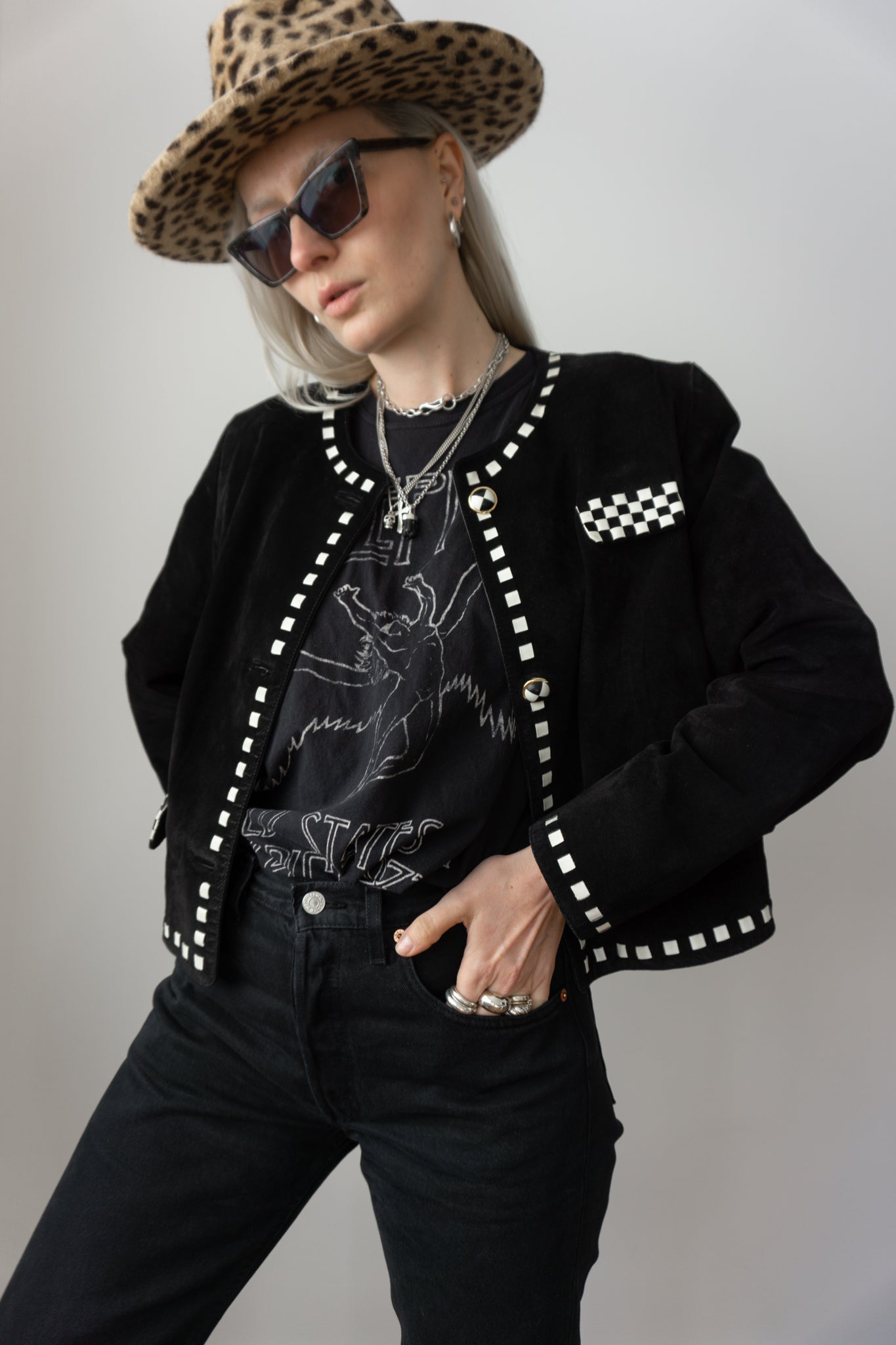 80s leather jacket checkerboard, S–M