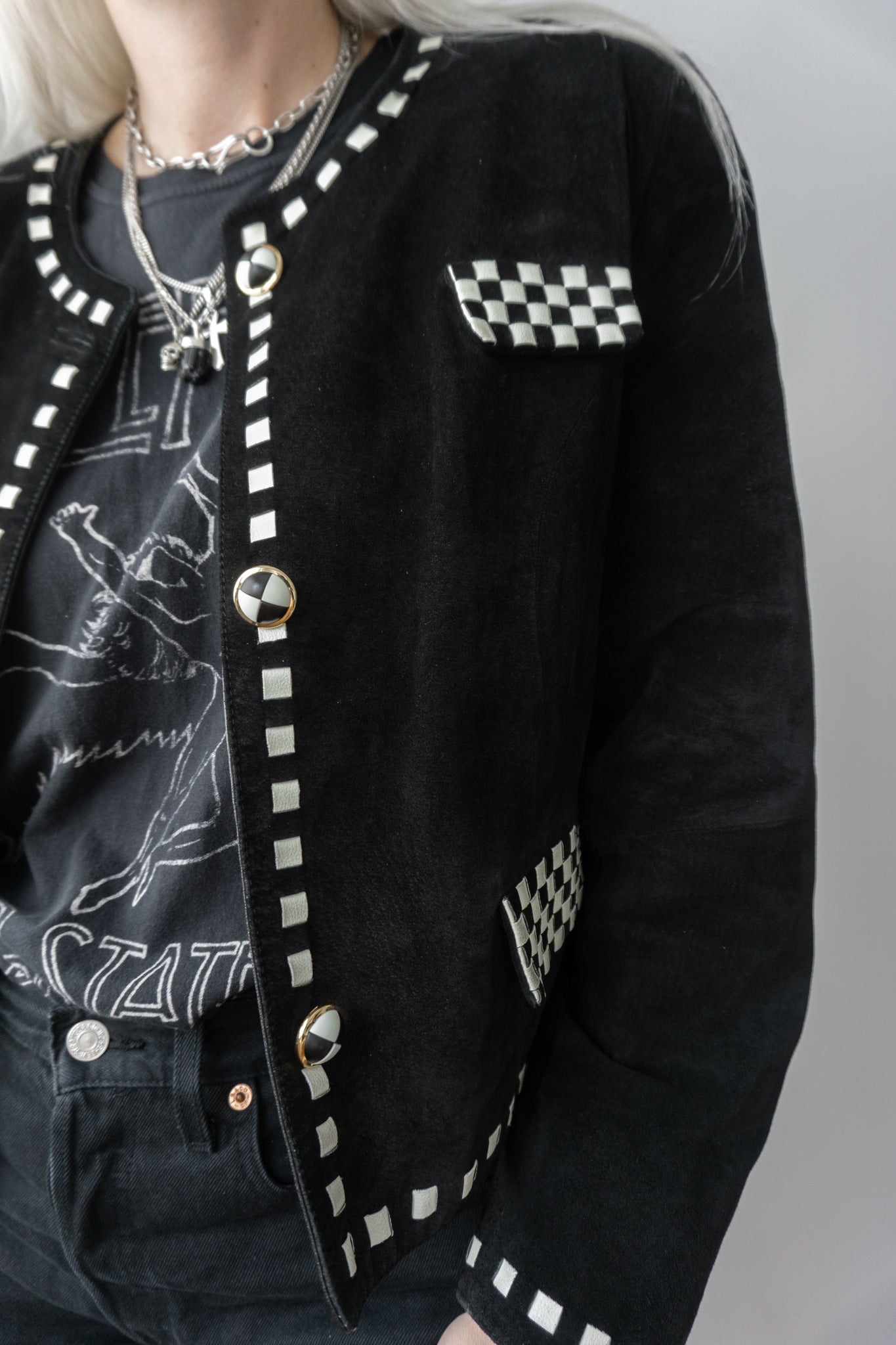 80s leather jacket checkerboard, S–M