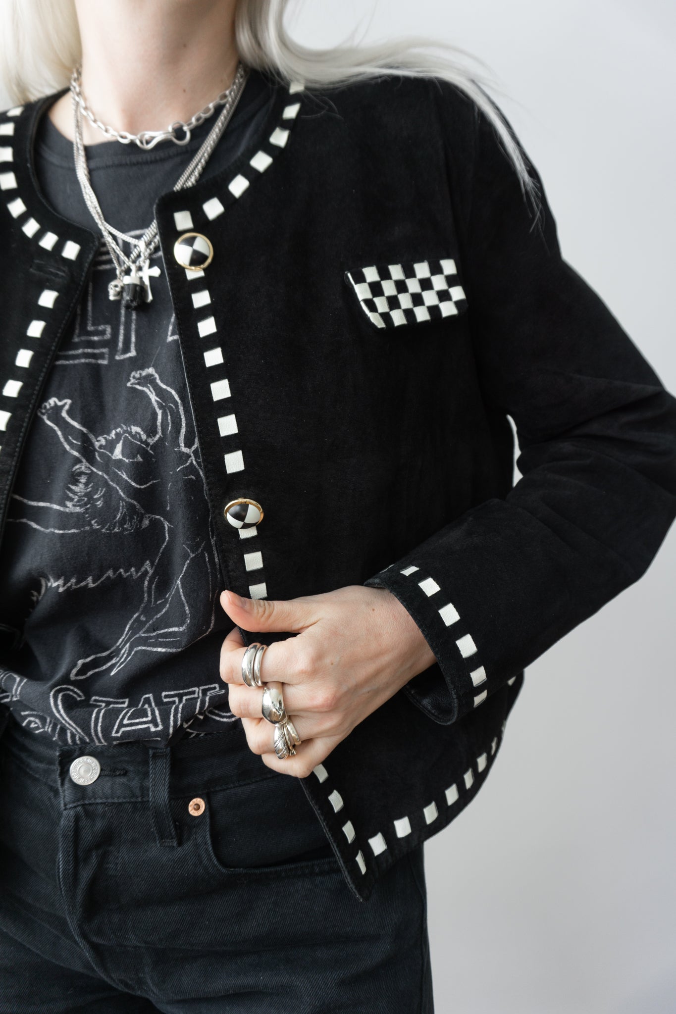 80s leather jacket checkerboard, S–M