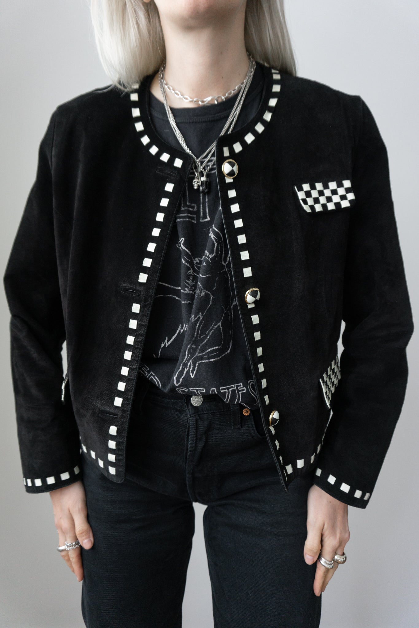 80s leather jacket checkerboard, S–M