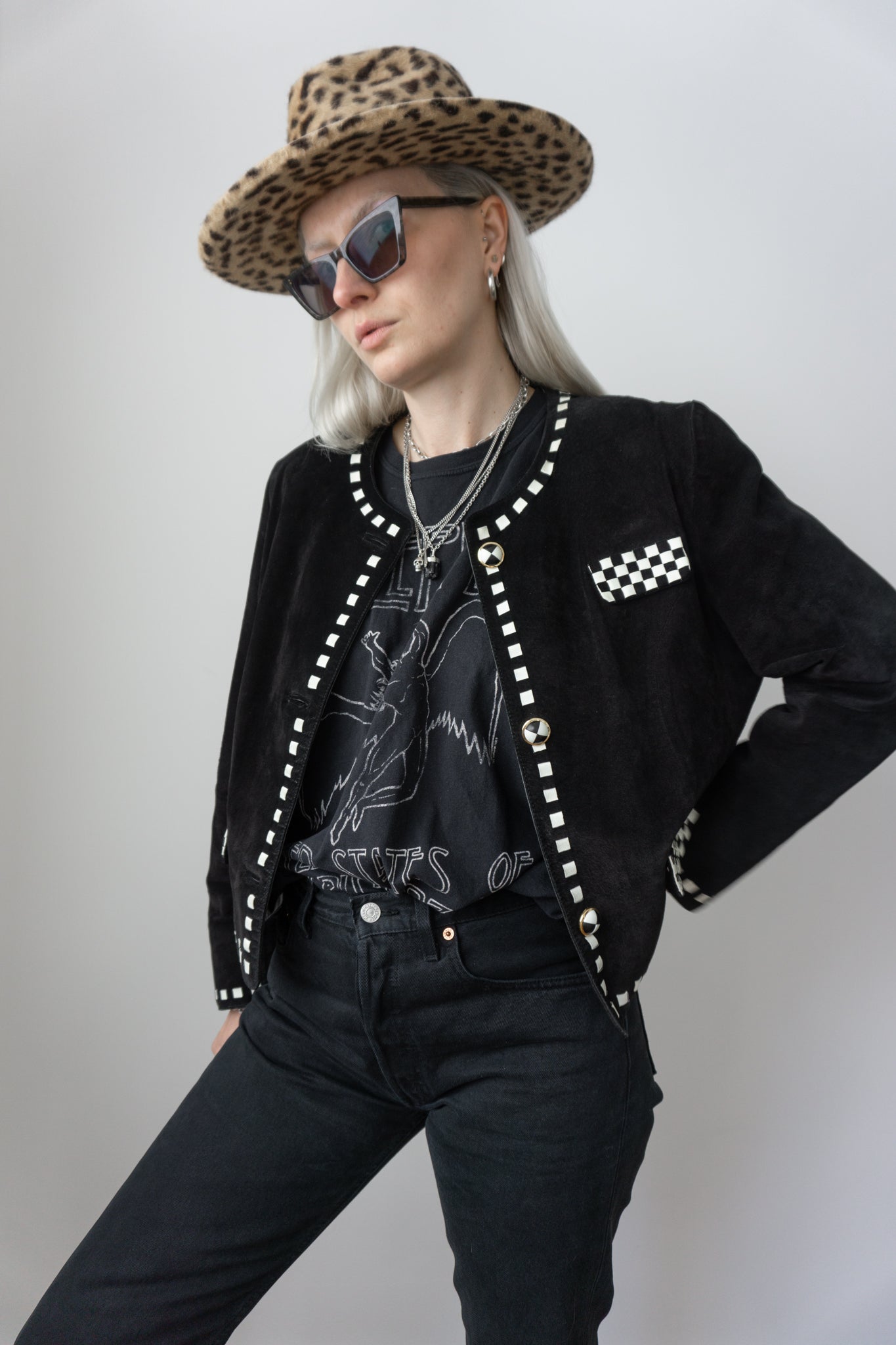 80s leather jacket checkerboard, S–M